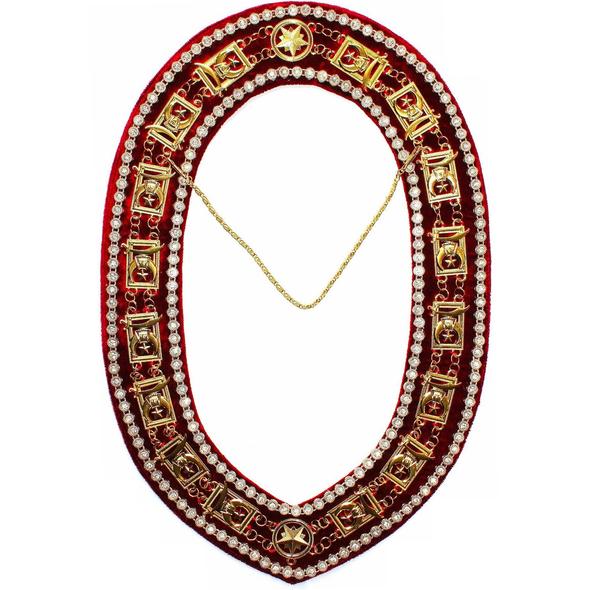 Shriner - Masonic Rhinestone Around Chain Collar - Gold/Silver on Red