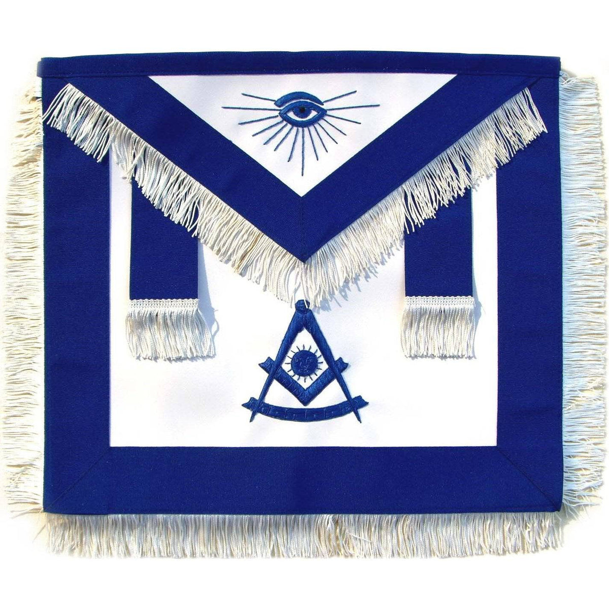 Past Master Blue Lodge Apron - Royal Blue with Blue Hand Embroidery & White Fringe