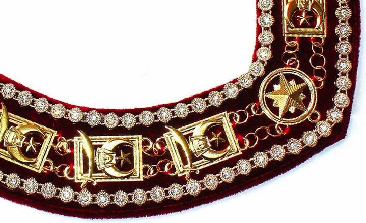 Shriner - Masonic Rhinestone Around Chain Collar - Gold/Silver on Red