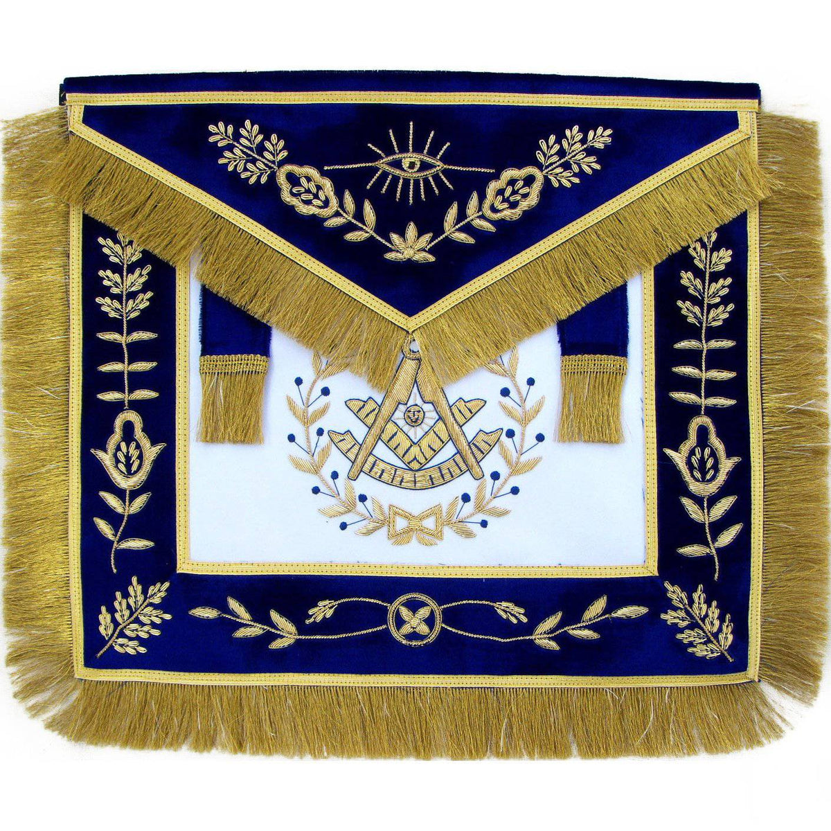 Past Master Blue Lodge Apron - Blue Hand Embroidery with Golden Fringe Tassels