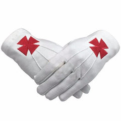 Masonic Knight Templar Red Nordic Cross White Cotton Machine Embroidery Glove (2 Pairs)