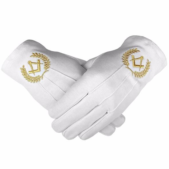 Masonic Cotton Gloves with Machine Embroidery Square Compass Gold (2 Pairs)