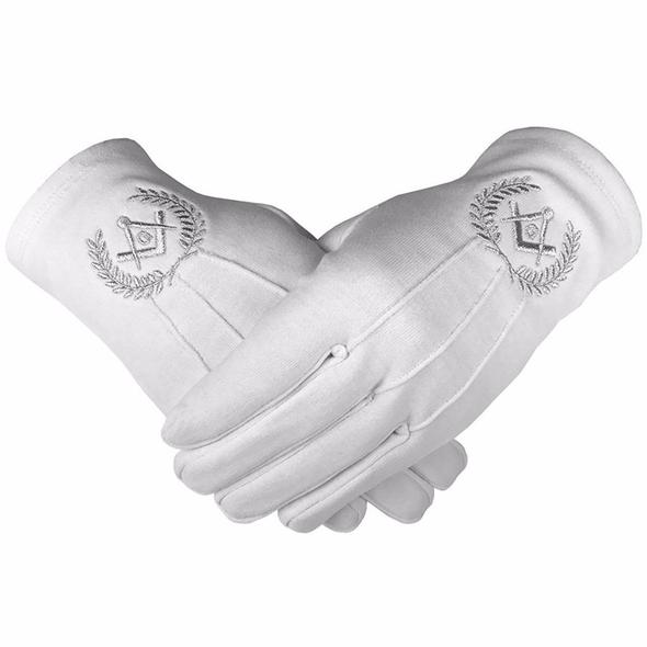 Masonic Cotton Gloves with Machine Embroidery Square Compass and G Silver  (2 Pairs)